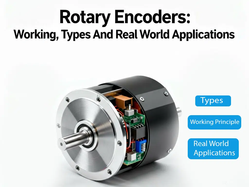 Cutaway view of a rotary encoder showing shaft, housing, and internal circuit board for explaining working principle, types, and real‑world applications