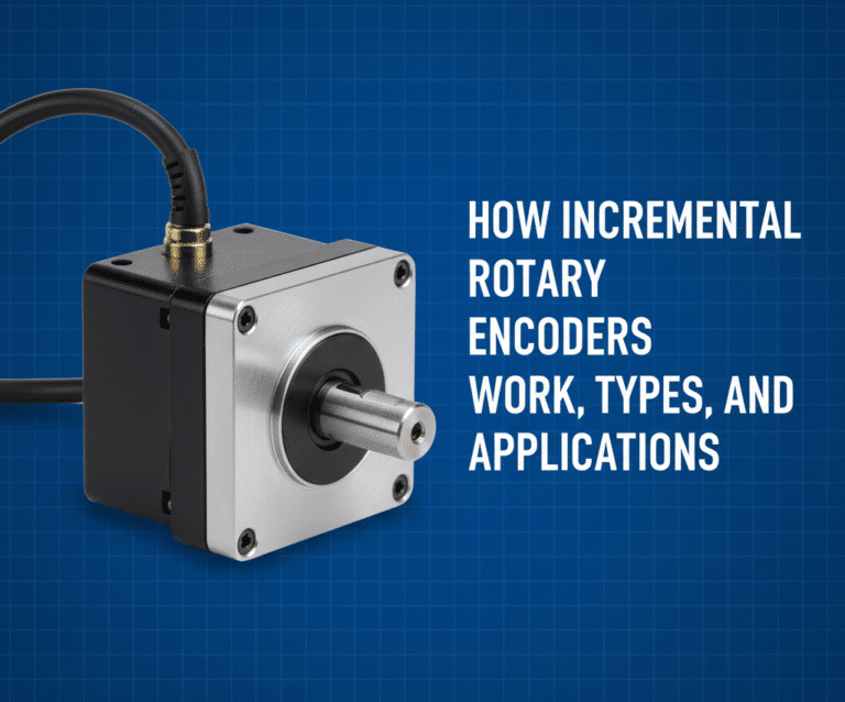 Incremental Rotary Encoders : Components, working, 4 Types, Real world Applications. Incremental rotary encoder device image used in automation, robotics, and motion control systems.