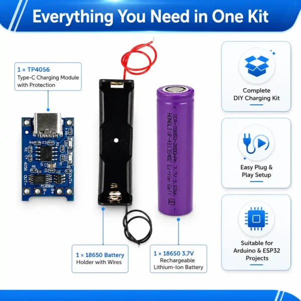 3.7V 18650 Li Ion Battery TP4056 Battery Holder Combo 3.7V 18650 Li Ion Battery TP4056 Battery Holder Combo