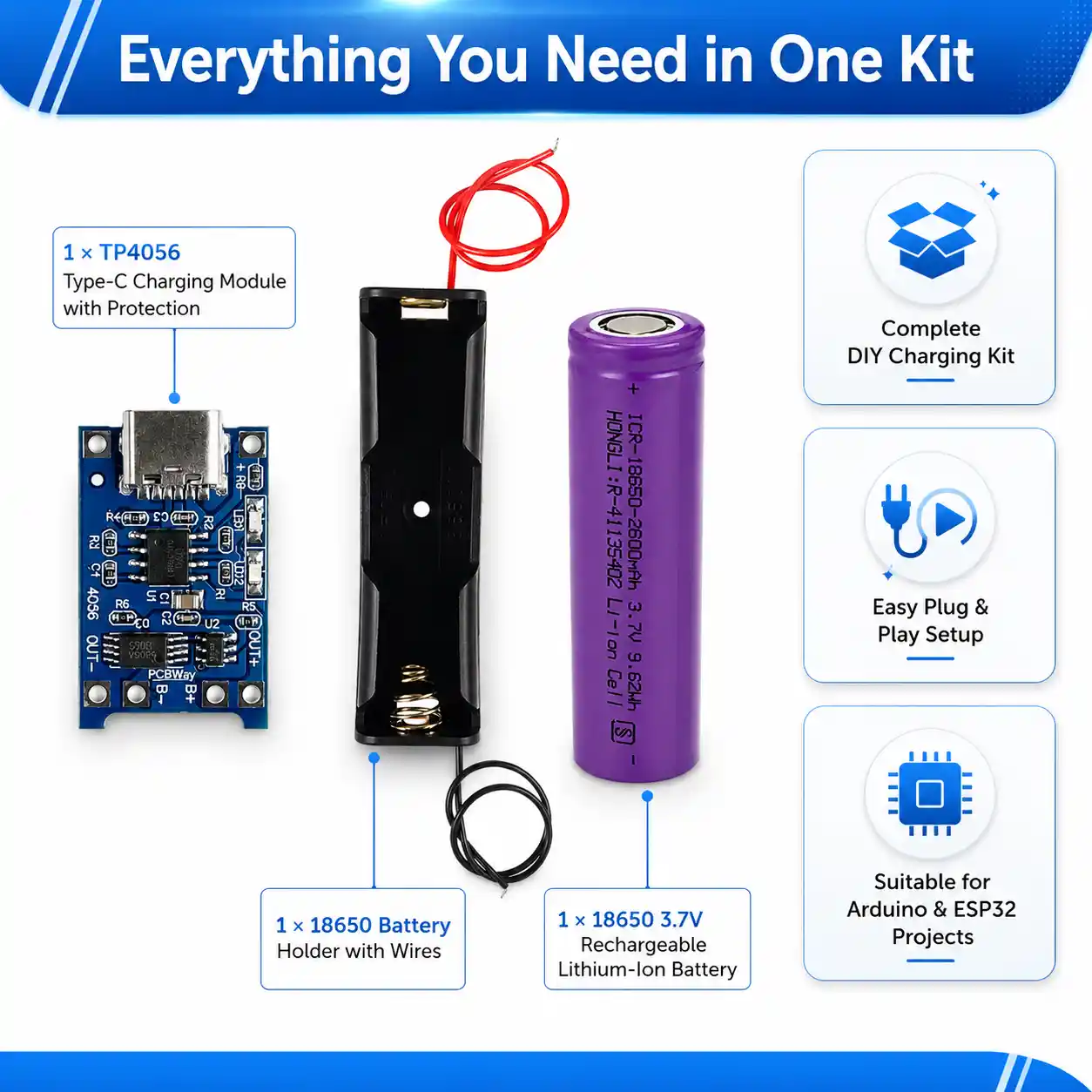 3.7V 18650 Li Ion Battery TP4056 Battery Holder Combo